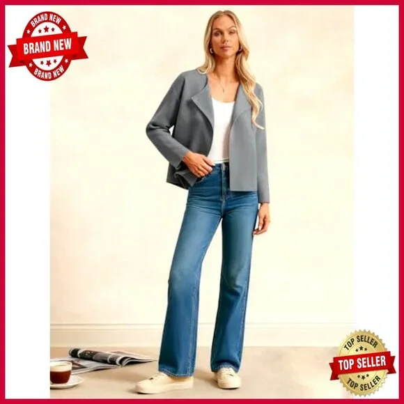 Cropped Knit Sweater Blazer Oversized Open Front Lapel Cardigan Chic Elegant - Picture 5 of 7